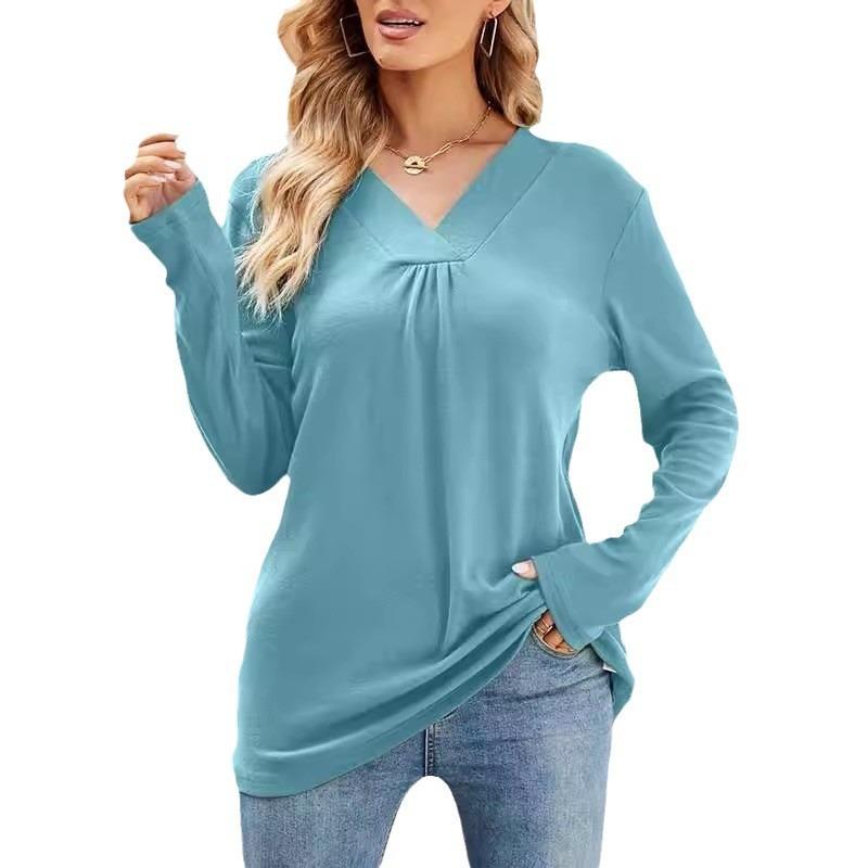 Осенние повседневные футболки с V-образным вырезом, плиссировкой, длинным рукавом, свободного кроя, женские