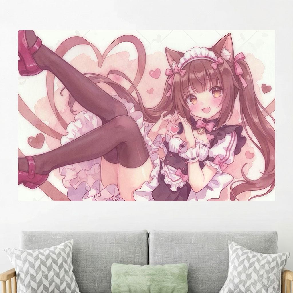 1 шт. Настенный гобелен N-Nekopara C-Chocola, горничная, жест «сердце», розовые банты, принт, декор для фанатов аниме Neko, спальни, общежития, дома
