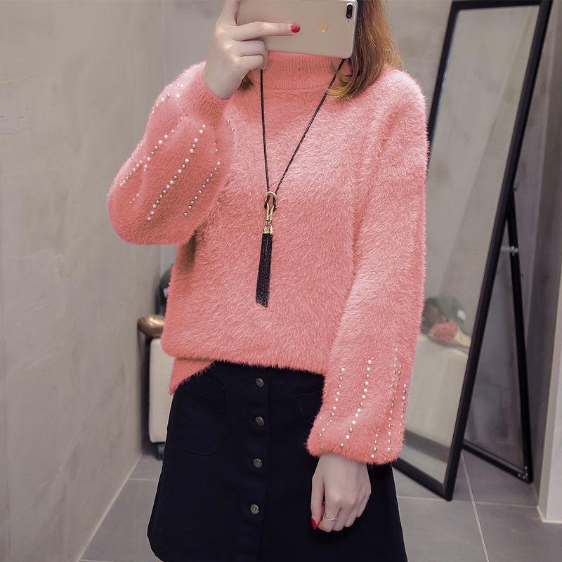 Нечеткий свитер для женщин, бархатный свитер из искусственной норки, женский пуловер с бисером, нижняя рубашка, корейские свитера из мохера с высоким воротом и длинными рукавами