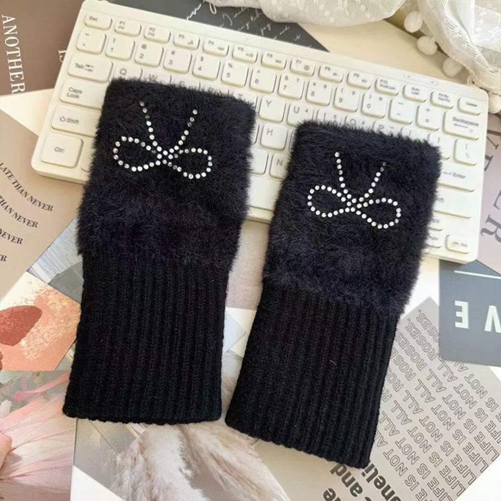Hotfix Rhinestone Knitted Gloves Plush Half Finger Mittens Soft Bow Gloves Cycling