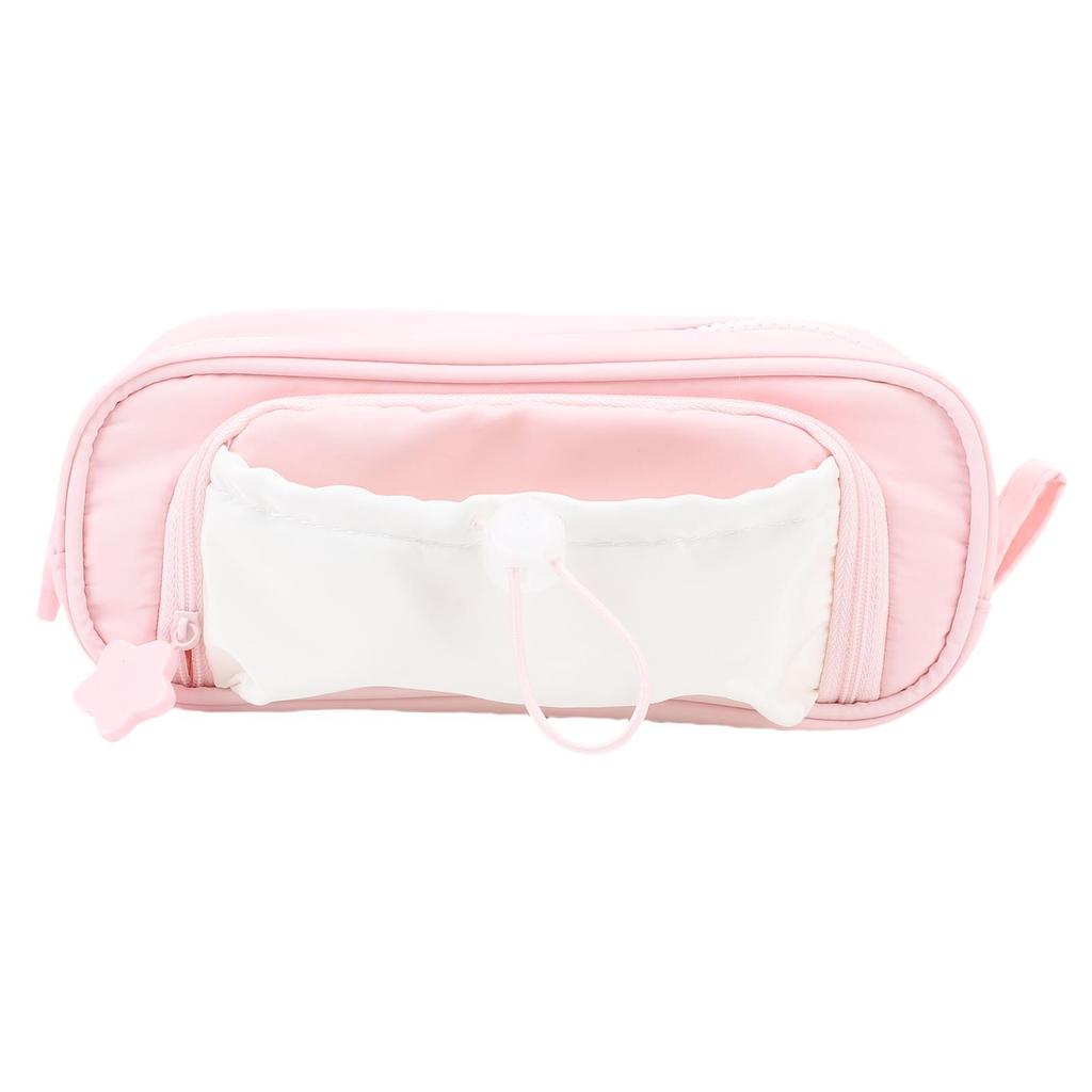 Drawstring Pen Pouch Large Opening Double Layer Pencil Holder Large Stationery Bag for Office School Supplies Pinkish