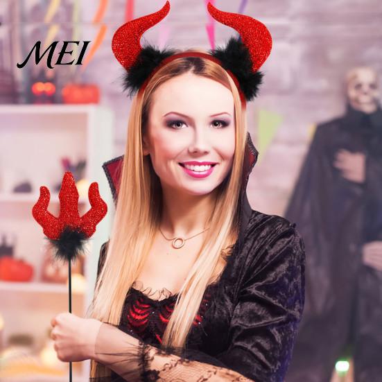 Kids Adult Party Favors Halloween Red Devil Costume, Glitter Horn Headband And Trident Prop Dress Up Supplies for Cosplay, Masquerade Performance