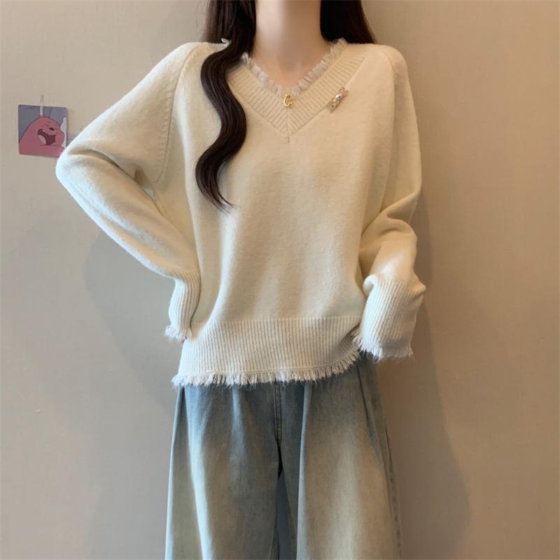 Fashion Sweet Tassel V-neck Red Pullover Sweater Women Autumn and Winter New Thick Warm Knitted Sweaters Women Elegant Solid Casual Jumpers Tops 25841
