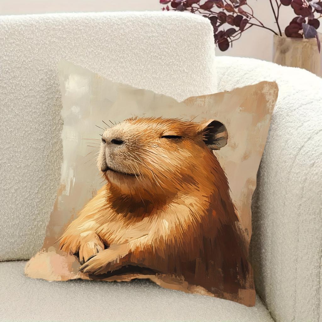 1pc Geometric Pattern Serene Capybara Painting Pillowcase, Soft and Comfortable Polyester Short Plush Fabric, Single-Sided Print, Pillow Insert Not In