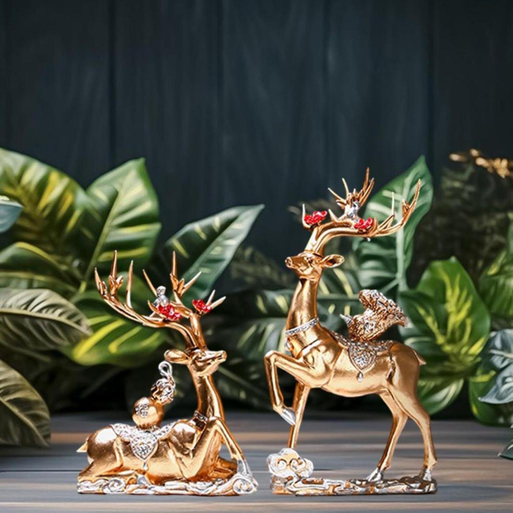 Набор из 2 фигурок оленей, декоративная центральная часть, подарочная скульптура лося, современные статуэтки оленей для полки, свадебной гостиной, красного цвета (Золото)