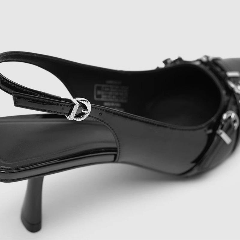 Модные черные женские сандалии с острым носком летние туфли на тонком высоком каблуке с заклепками сзади повседневные туфли-лодочки размер 35-39 сандалии