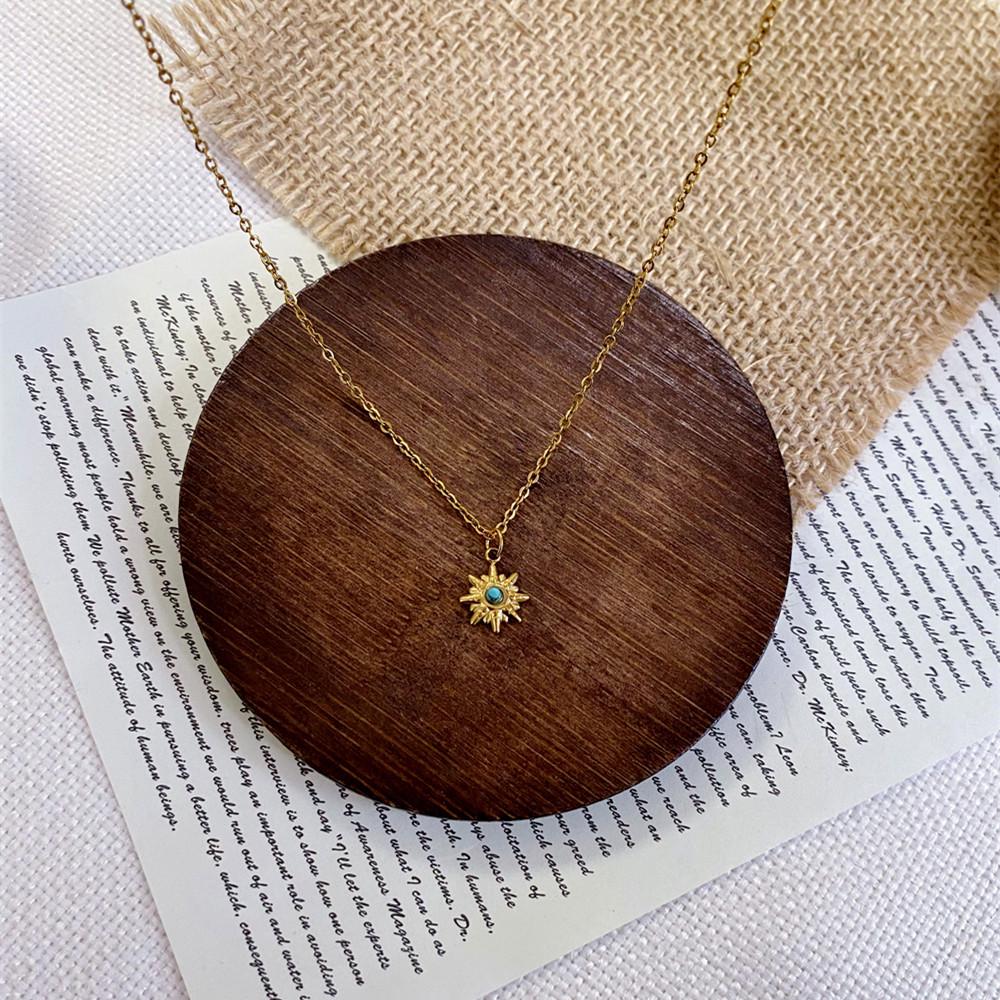 Titanium Steel Blue Turquoise Star Pendant Necklace - Retro Style, Non-Fading, European & American Design