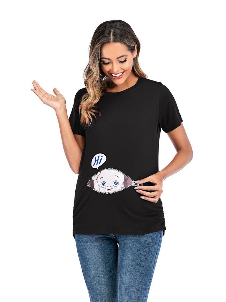 European & American Style Maternity Printed T-Shirt (Round Neck, Short Sleeve)