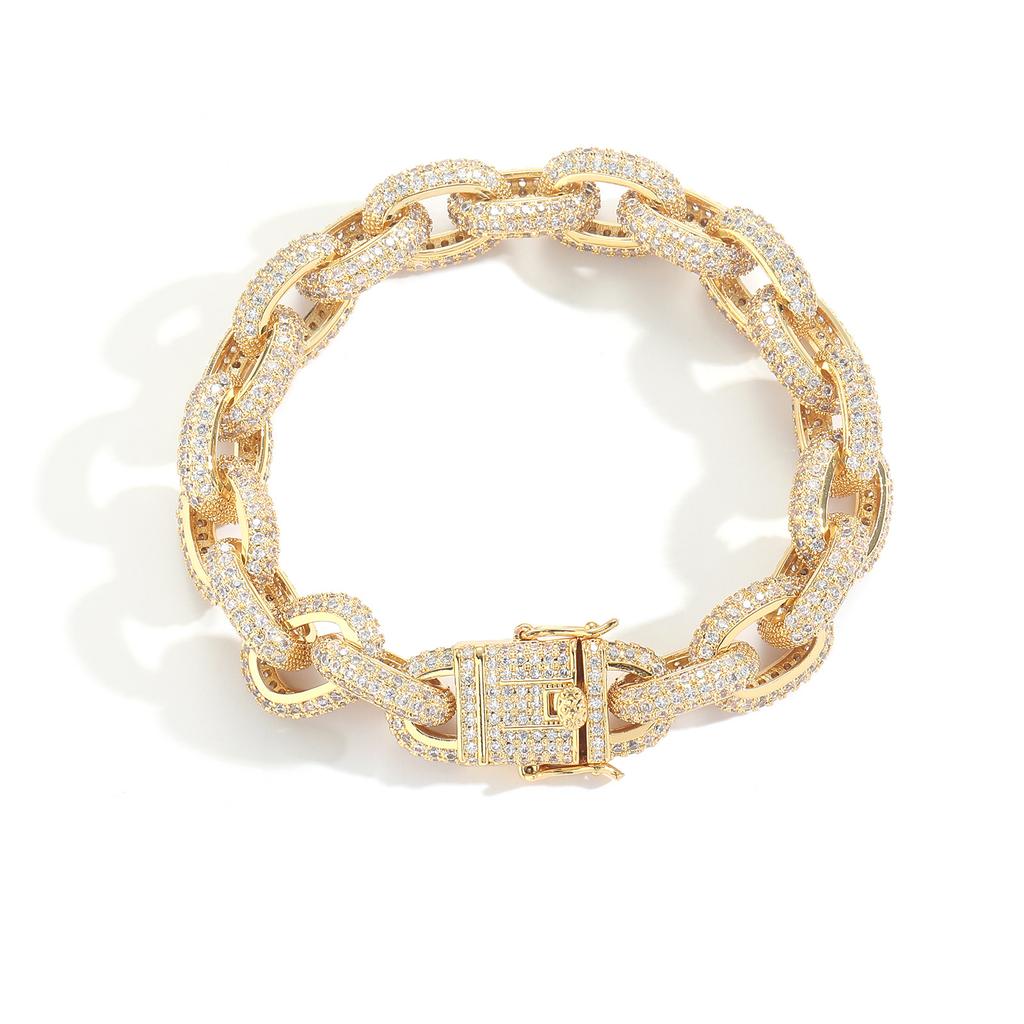 Personalized Hip Hop 14K Gold Plated Jewelry 12mm Bling CZ Iced Out Geometric Oval Shape Link Chain Bracelet for Men