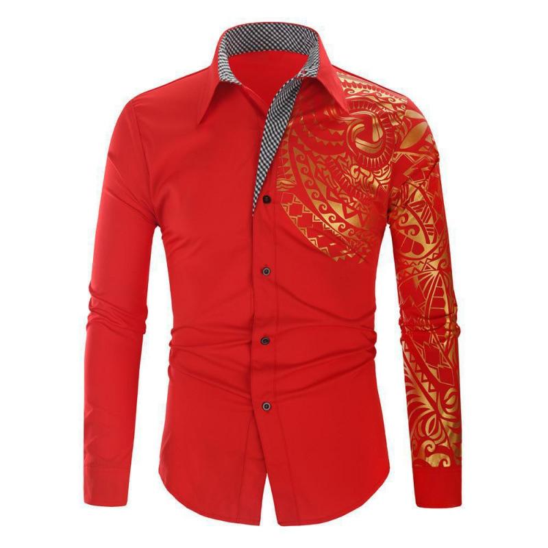 Весна Новая мужская рубашка с длинным рукавом Модная с лацканами Горячее тиснение Печатный топ