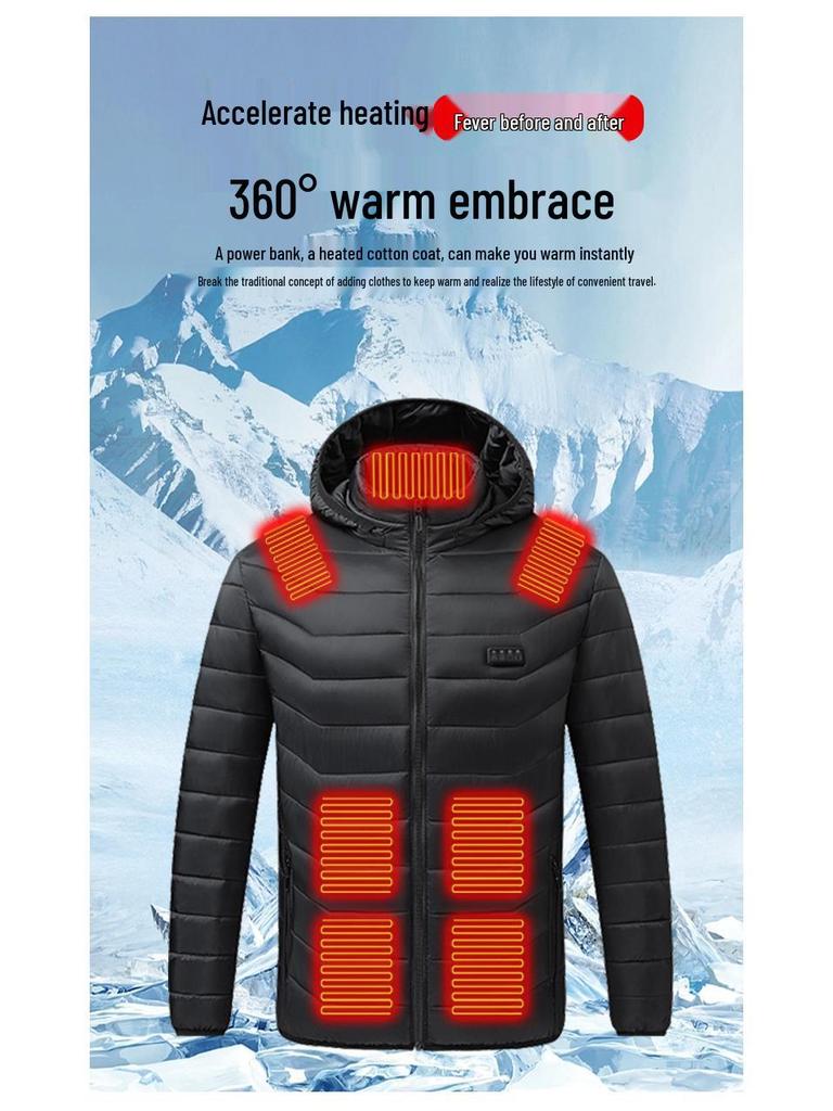 New Four-Zone Heated Cotton Jacket with Hood, Outdoor Unisex Warm Electric Jacket