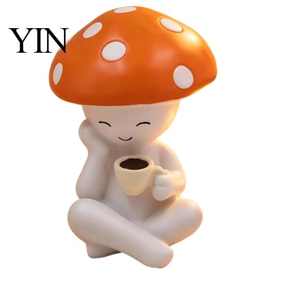 Nordic Style Home Accents Meditation Mushroom Resin Figurine, Cute Red Statue for Desk Office Healing Decor Living Room Tabletop Decor, Mini