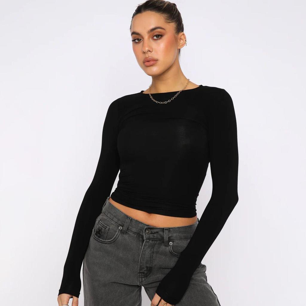 Женская одежда с круглым вырезом, уличная одежда, тонкие дышащие футболки с длинными рукавами, облегающие укороченные топы с подкладкой, сплошной цвет