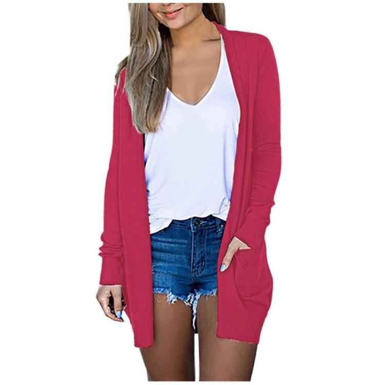 Модный женский повседневный кардиган жакет однотонный с длинным рукавом средней длины верхняя одежда
