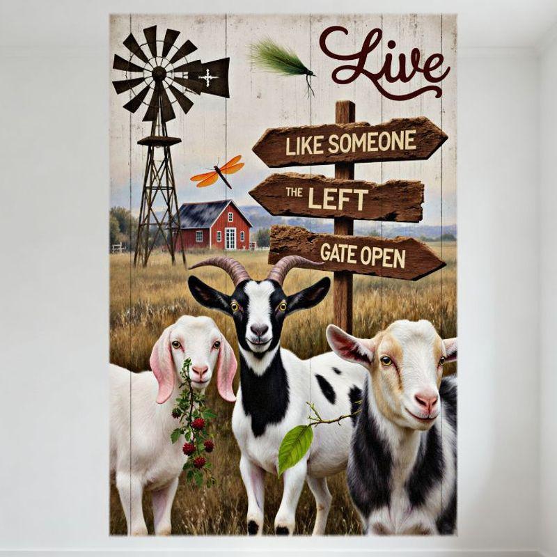 Rustic Farm Scene Metal Tin Sign - Windmill, Red Barn, Goats & 'Like Someone The Left Gate Open' Whimsical Farm Life Decor for H