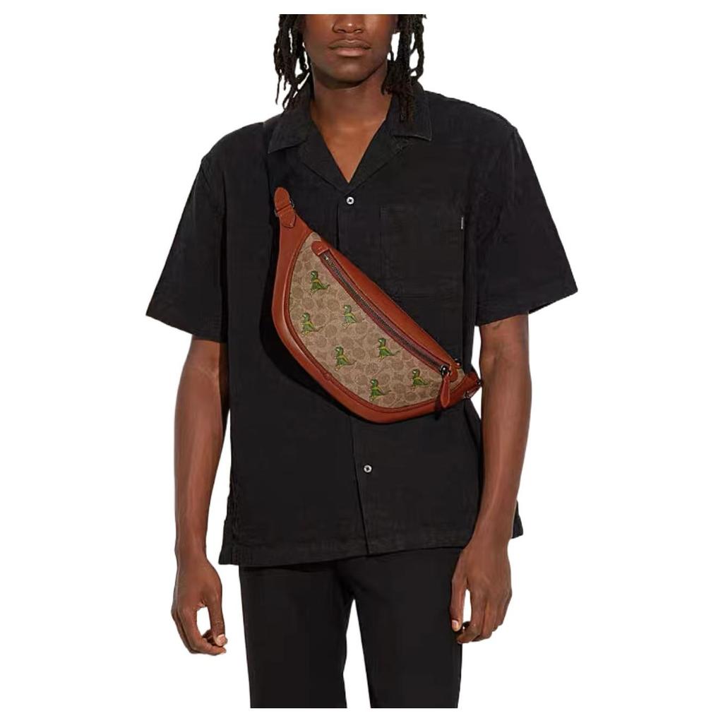 Coach League 41 Classic Cartoon Dinosaur Print Zipper Closure Leather Shoulder Crossbody Chest Waist Bag Large Men bags Brown-Yellow Rust CF078-NU3