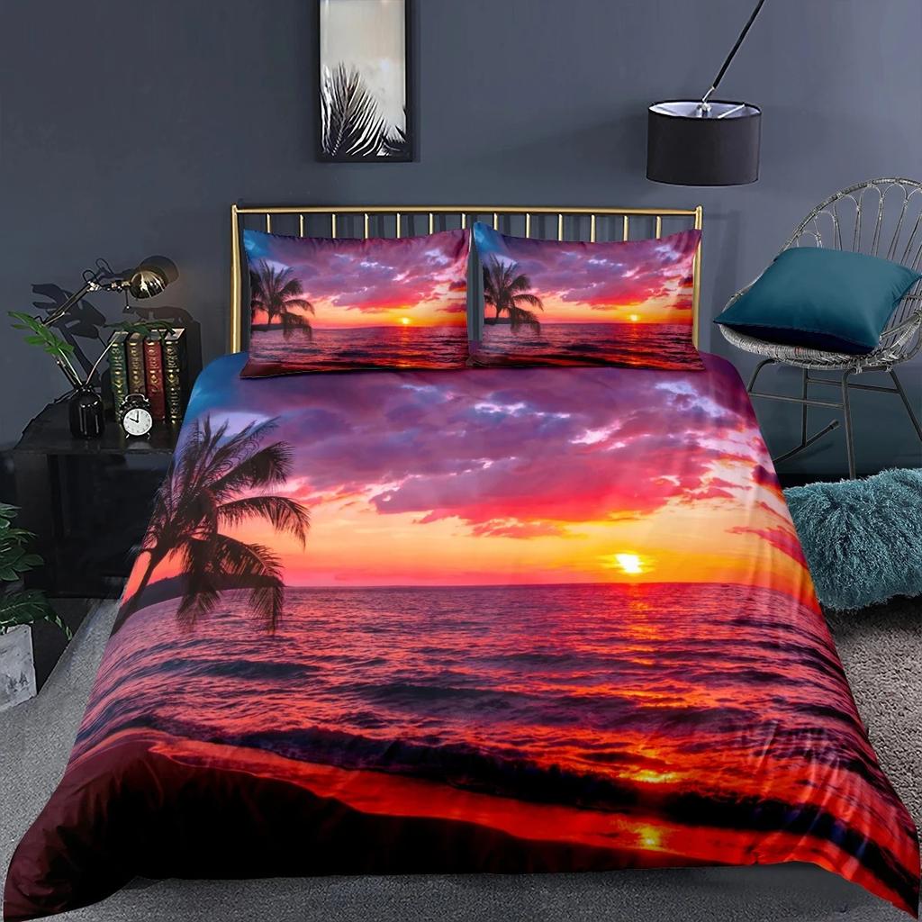 Beach Sea Sky Palm Coconut Tree Bedding Set King Queen Duvet Cover Sets Pillowcase Bed Linen Comforter Adult Kid Queen King Size