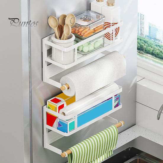 Магнитная стойка для хранения с держателем для бумажных полотенец, большая вместимость, простая установка, полка для специй на холодильник, кухонный органайзер с держателем для рулонов полотенец