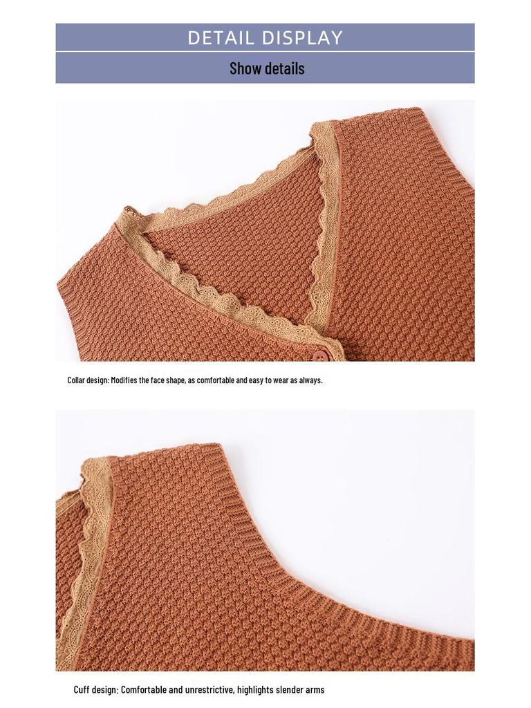 Вязаный жилет с V-образным вырезом и кружевной отделкой - Женский модный кардиган без рукавов на весну/осень для мам среднего возраста