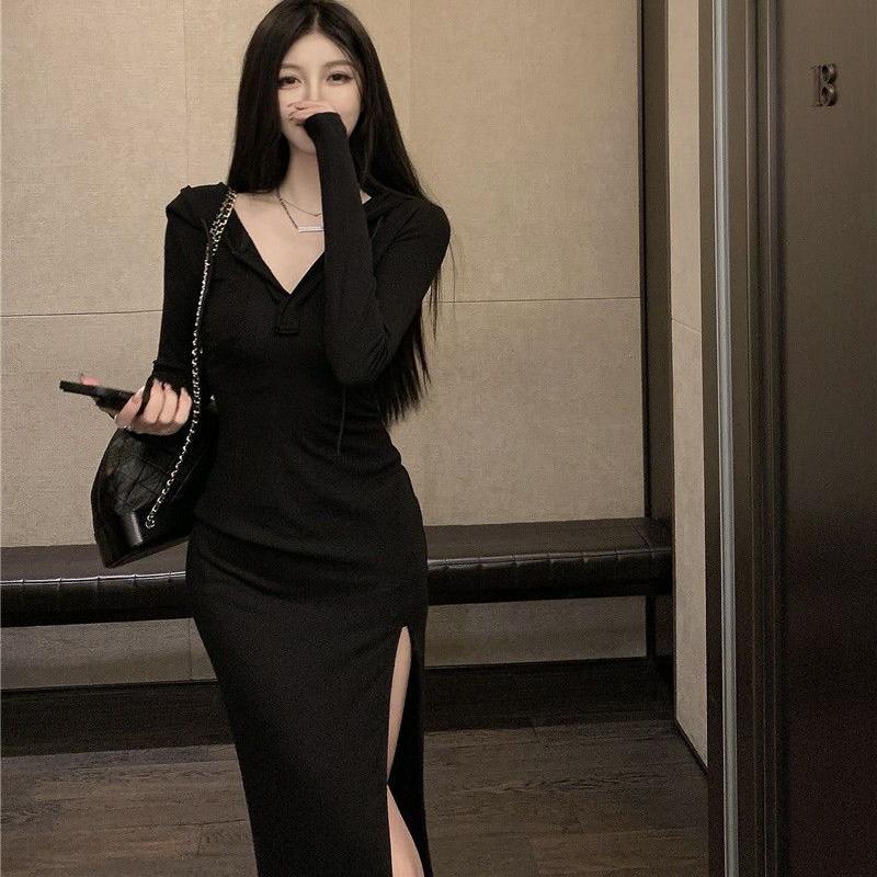 Y2k Bodycon Hood Dress Women Fall Casual Wrap Split Hooded Dresses Korean Fashion Kpop Long Sleeve Robes Female