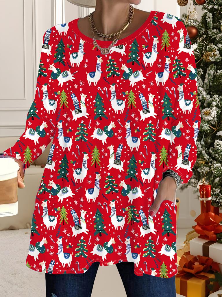 2025 Autumn Winter New Plus Size Women's Tops, Christmas 3D Print Fashion Crew Neck Long Sleeve T-Shirts