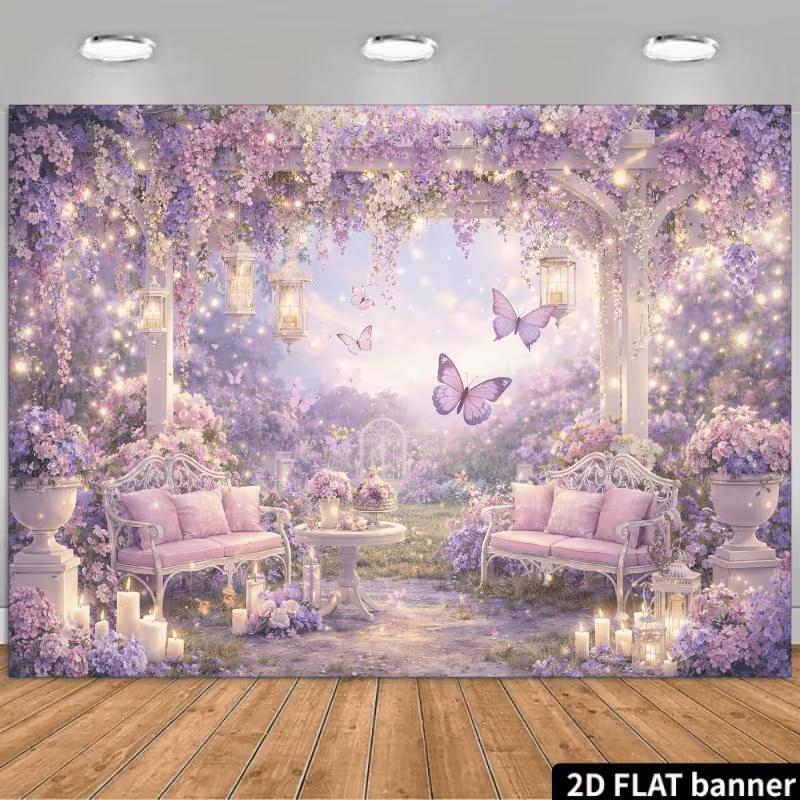 2D Purple Floral Gazebo Backdrop with Butterflies & Lights for Wedding & Party Photography Background
