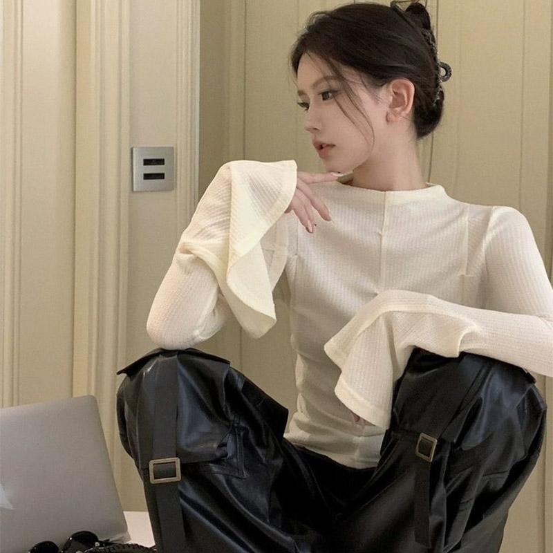 Женская мода расклешенные рукава футболки пэчворк простые досуг женские элегантные тонкие пуловеры топы