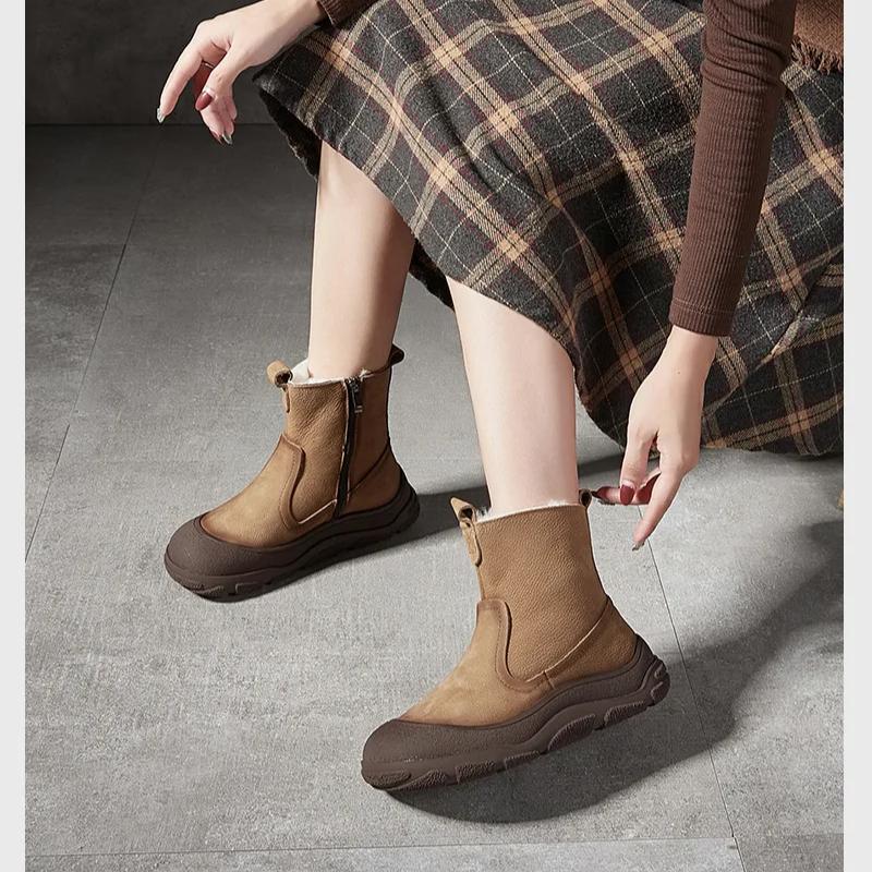 Johnature Ботинки из натуральной кожи и шерсти, теплые, с круглым носком, на толстой подошве, с боковой молнией, женские короткие ботинки в стиле ретро