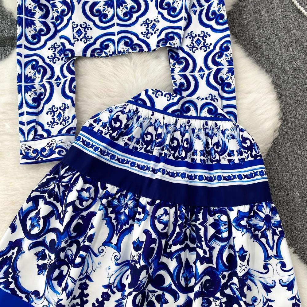 Осенняя мода на подиуме, красный, зеленый, синий и белый фарфоровый цветочный принт, женская рубашка, топ + мини-юбка трапециевидной формы, комплекты из двух предметов