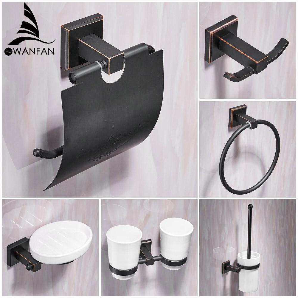 Bath Hardware Sets Black Brushed Bath Cup&Tumbler Holders Europe Toilet Brush Holder Towel Bar Paper Holders Cloth Hook WF-92500