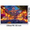 1 Day of the Dead party banner - Bright sugar skull street scene with colorful flowers & lanterns, polyester background fabric