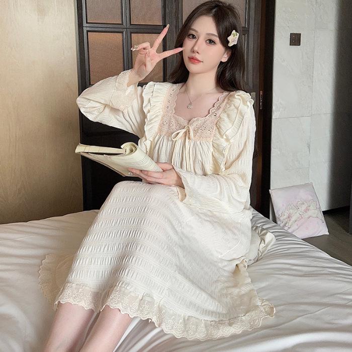 Женская пижама Sweet Princess Style с длинными рукавами - ночная рубашка больших размеров средней длины на весну и осень