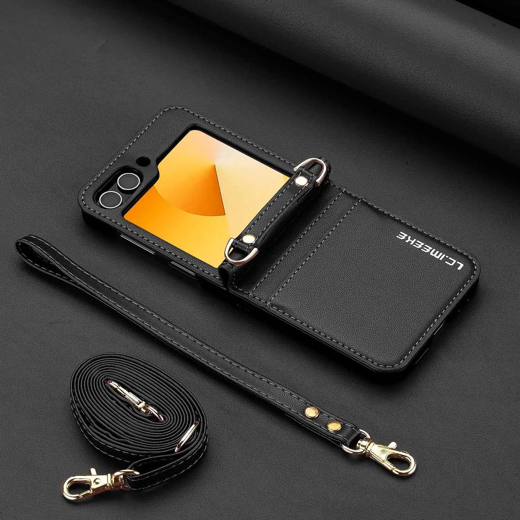 Кожаный чехол-сумка через плечо с длинным ремешком для Samsung Galaxy Z Flip 6 ZFlip 5 4 3, кошелек с двойным держателем для карт, противоударный чехол с ремешком