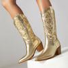 Embroidered Western Boots for Women Knee-High Embroidery Golden Cowboy Boots Cowgirl Silver Shoes