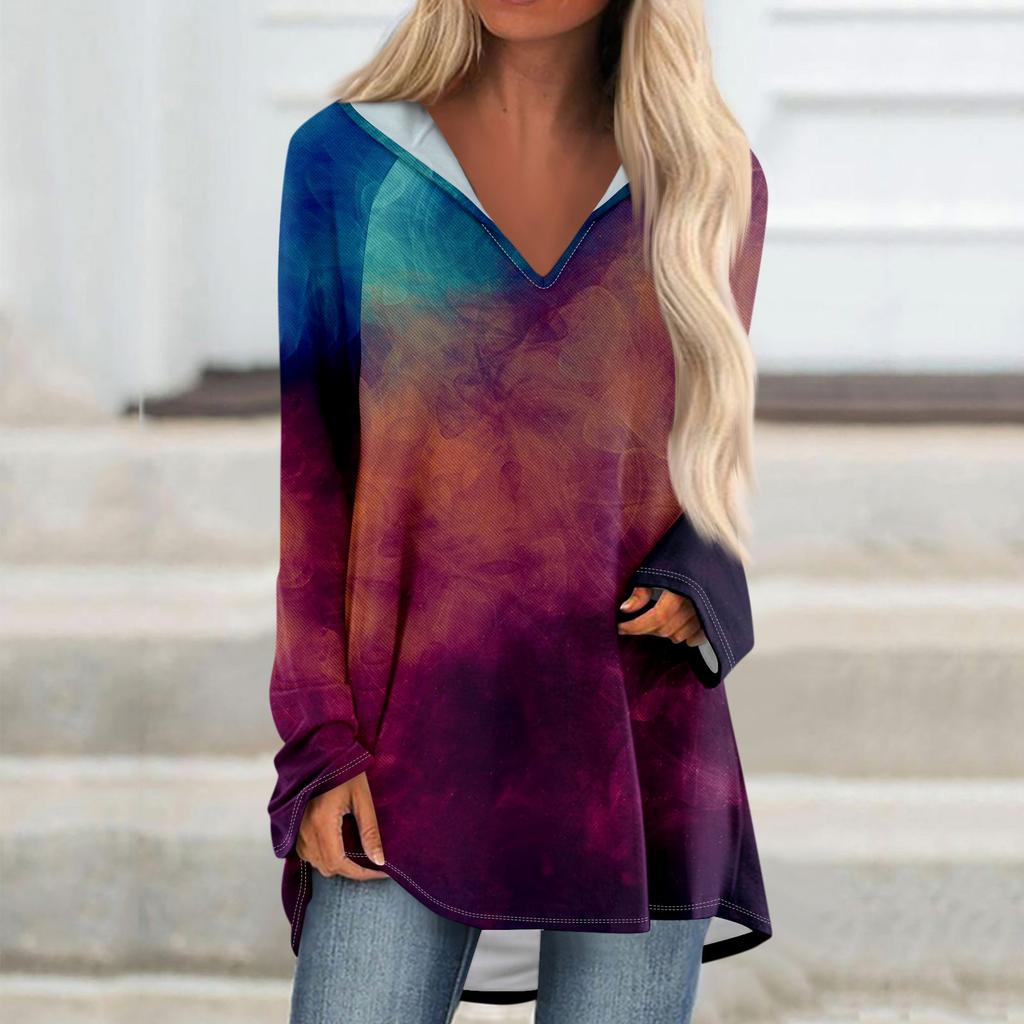 Women's V-neck Hooded Loose Long-sleeved Tops Casual Tops Home Leisure Pajamas Tops