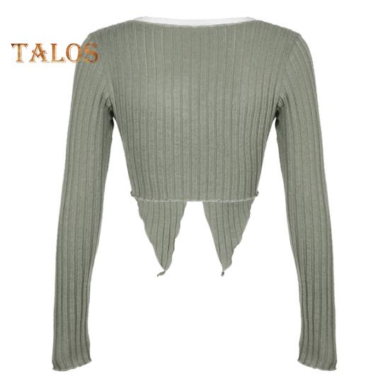 Женские топы с V-образным вырезом, кружевной строчкой, длинным рукавом, неровным подолом, однотонные облегающие укороченные топы в рубчик