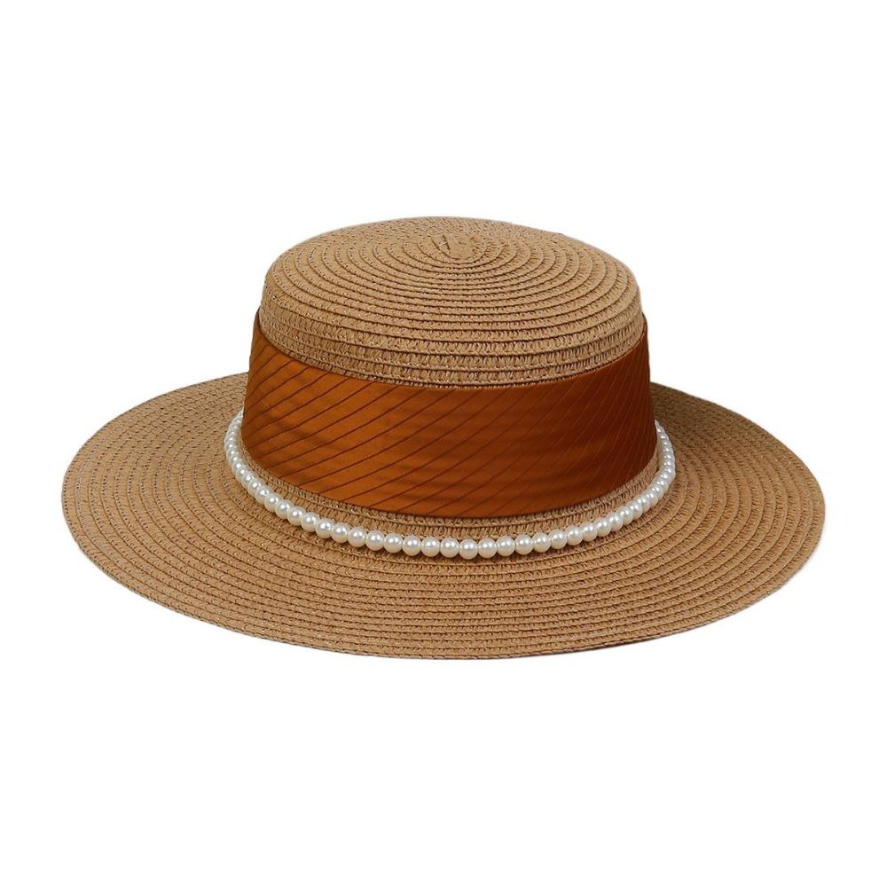 Straw Weaving Flat Sun Cap Pearl Chain Weave Bucket Hat Casual Wide Brim Straw Hat Party