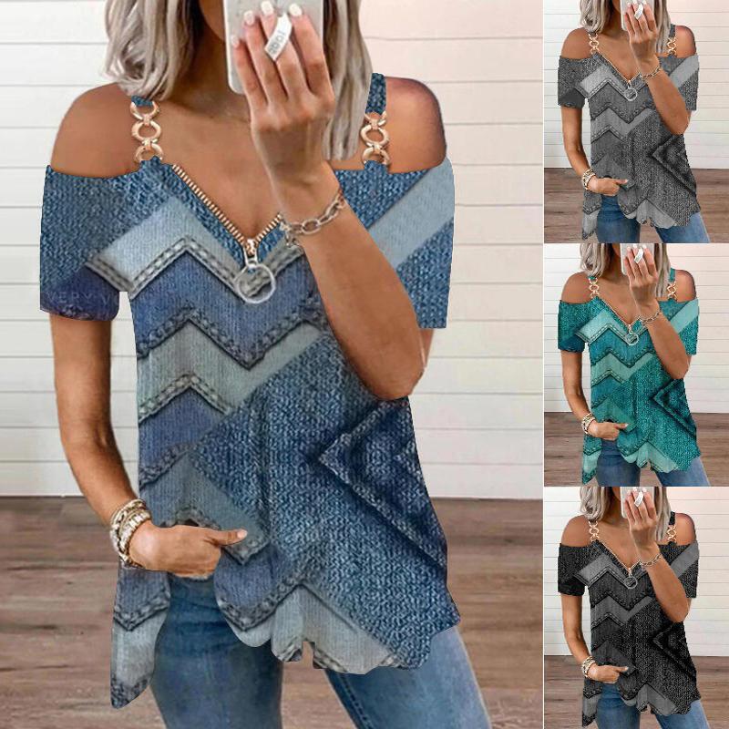 S-5XL женский топ с v-образным вырезом, полые футболки с принтом, повседневная футболка на молнии с короткими рукавами, летняя футболка