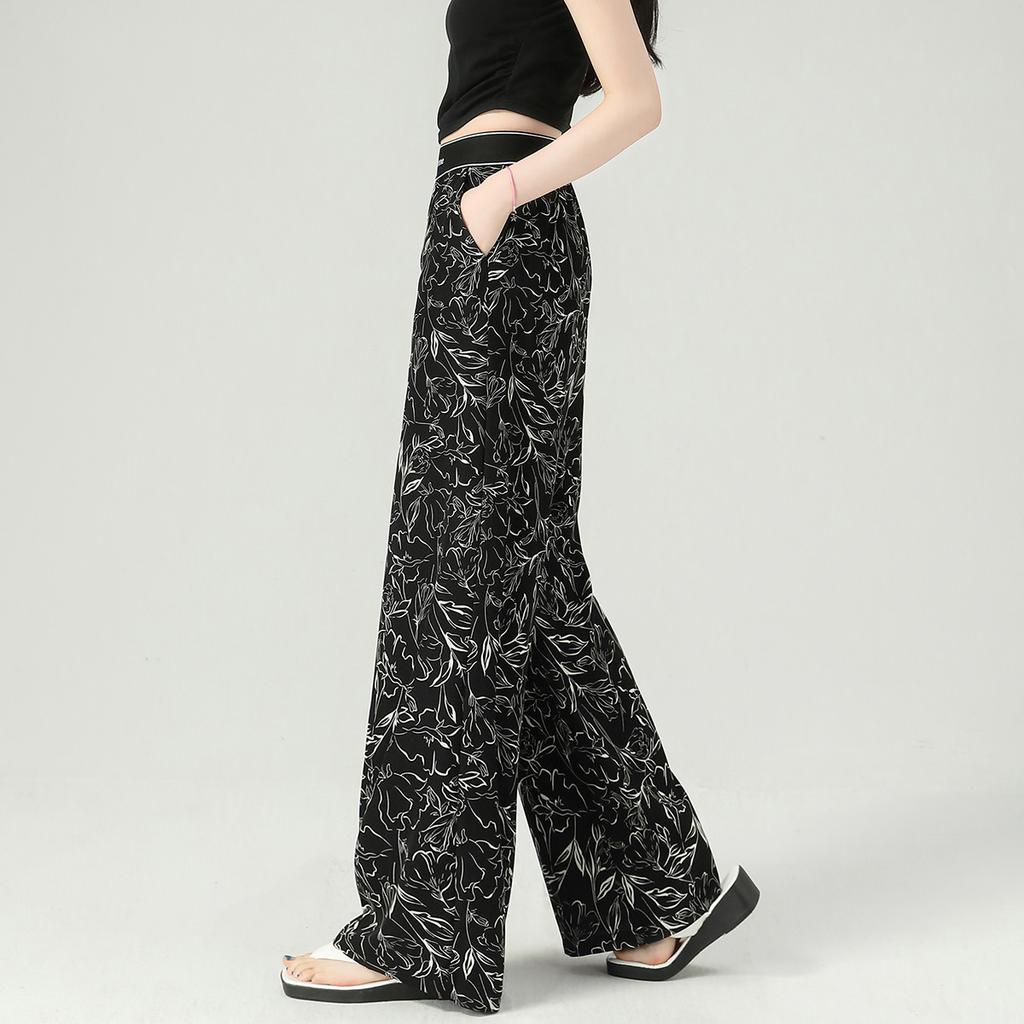 Hanging wide leg pants for women in spring, personalized printed straight leg pants with elastic waist, versatile casual pants
