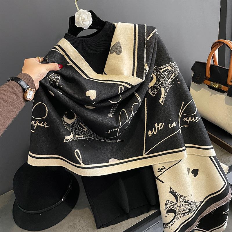 New Autumn and Winter Imitation Cashmere Scarf for Women European and American Style Iron Tower Pattern Warm Outer Wear Multi Purpose Scarf