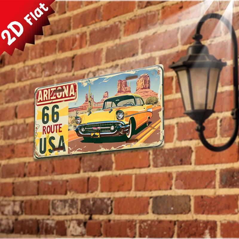 Двумерный Плоский, Винтажный Металлический Жестяной Знак - Route 66 Ретро Автомобиль и Пейзаж Аризоны Настенное Искусство, 11,8x5,9 Дюйма Алюминиевая Декоративная Табличка
