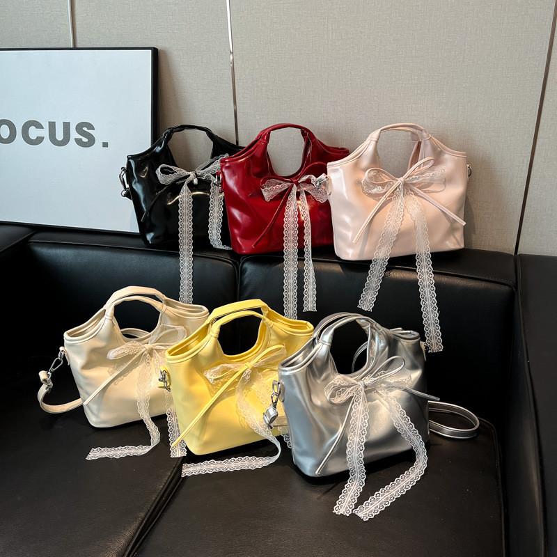 Ribbon Bow Pu Water Bucket Bag For Women With Crossbody Strap And Inner Zipper Pocket For Daily Use