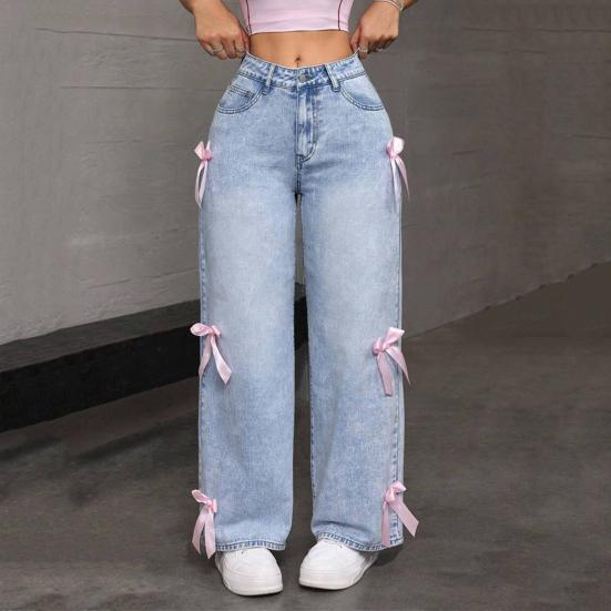 Женские широкие джинсы с украшением в виде галстука-бабочки, прямые джинсовые брюки с высокой талией, повседневные мешковатые джинсовые брюки