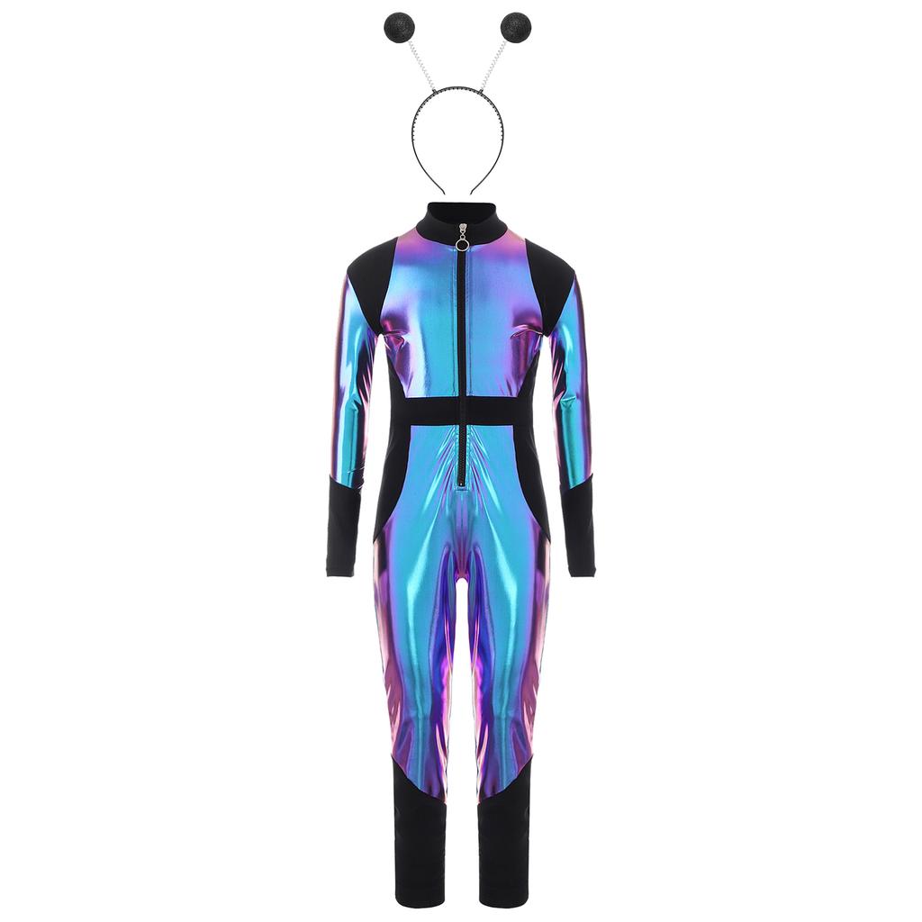 Детский Костюм Косплей Инопланетянин С Длинным Рукавом Высокая Талия Блестящий Металлический Молния Комбинезон Хэллоуин Боди
