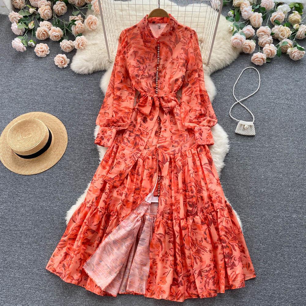 Women's High Cold Imperial Sister Wind Dress Spring and Autumn Tie Waist Elegant Temperament Swing Long Dress