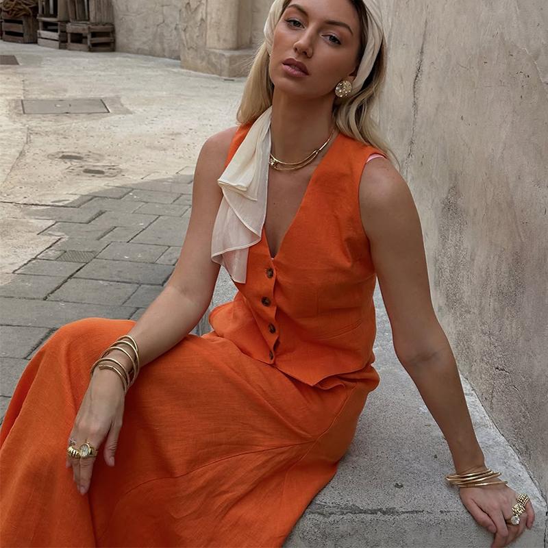 Solid Color Two Piece Set for Women 2025 Fashion V Neck Sleeveless Top High Waist Temperament Skirts Elegant 2 Piece Sets Female