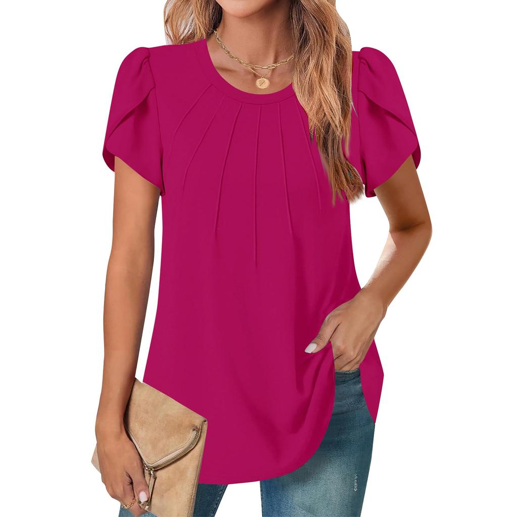 Women's Casual Round Neck Short Sleeve Chest Pleated Flap Sleeve Solid Color Top