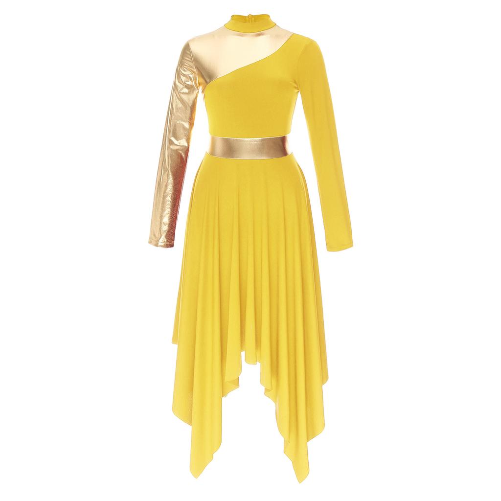 Womens Contrast Color Patchwork Dance Performance Costume Long Sleeve Asymmetrical Hem Dress