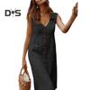 Summer Women Lapel V Neck Shirt Dress Sleeveless Single Breasted Pockets Solid Color Midi Dress Streetwear