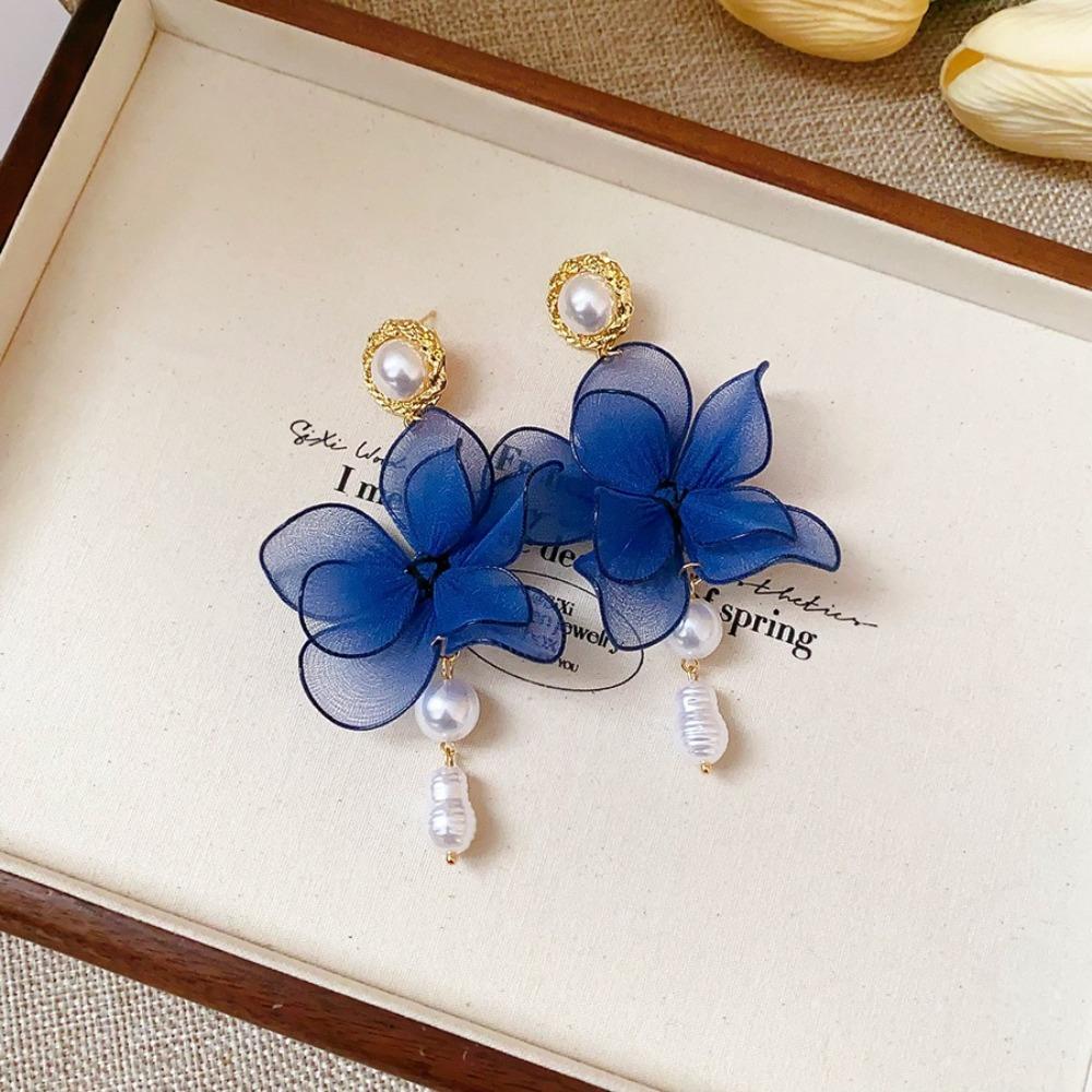 Pearl Pedant Mesh Flower Dangle Earrings Exaggerated Petals Stud Earrings  Ladies/Girls